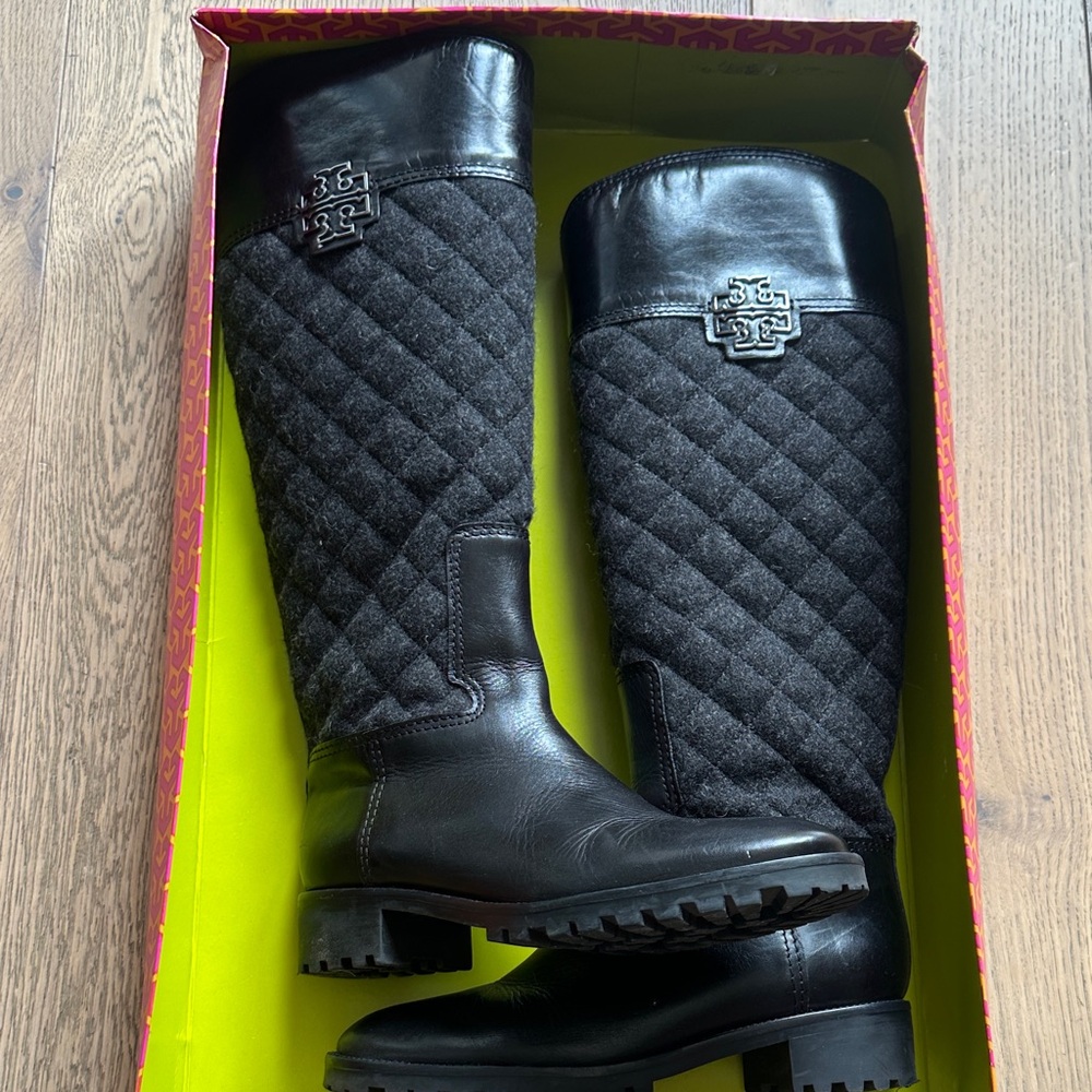 Tory Burch Black Quilted Over the Knee Boots